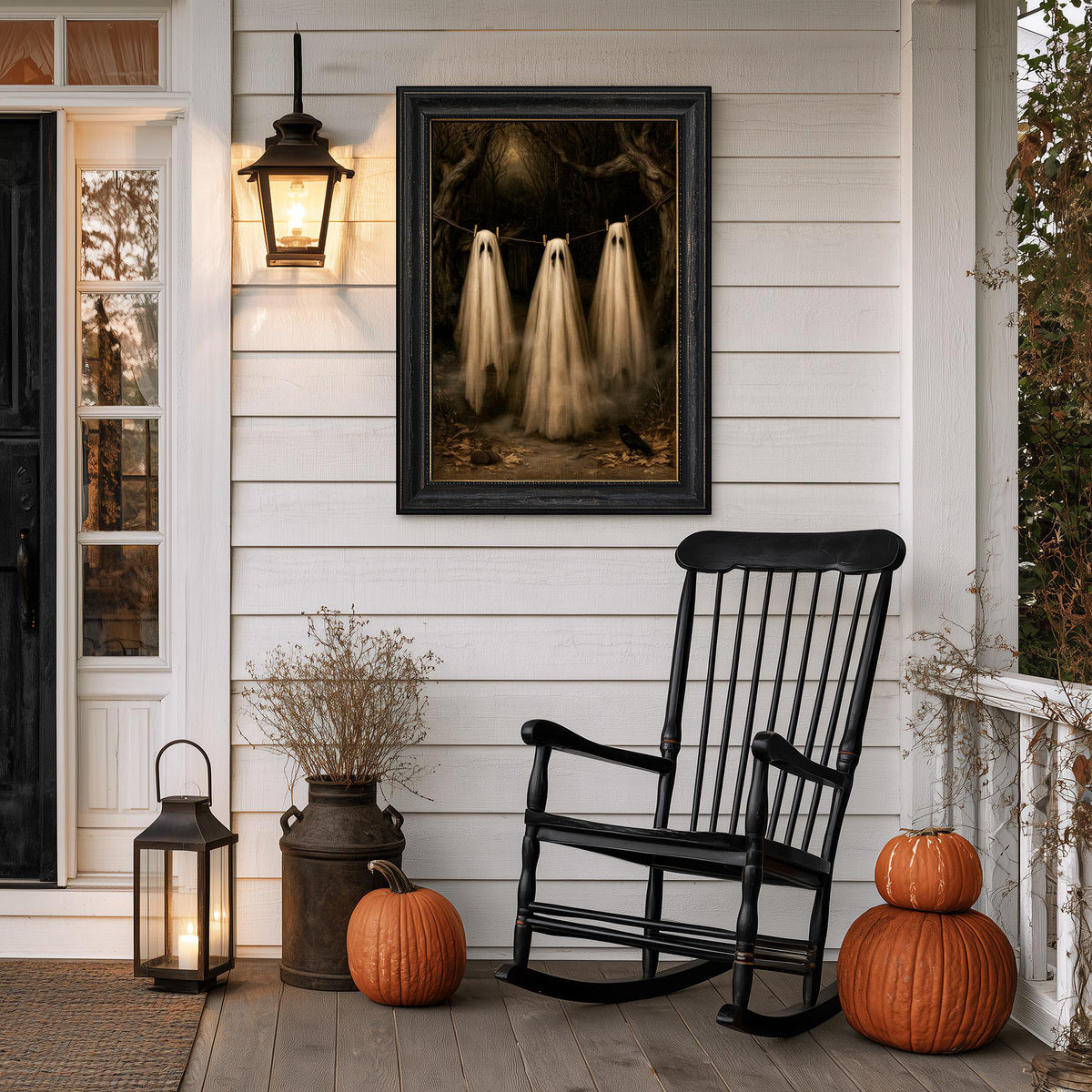 Porch wall with a black rocking chair, two pumpkins, and the ghost clothesline print