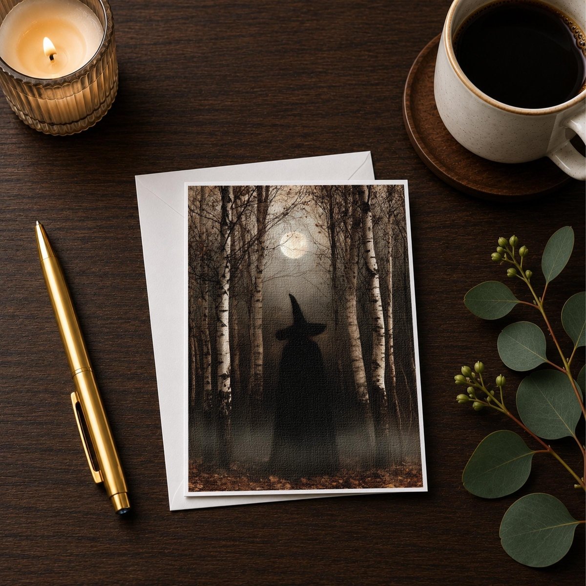 Witch in a birch forest Halloween note card showing the full misty moonlit scene