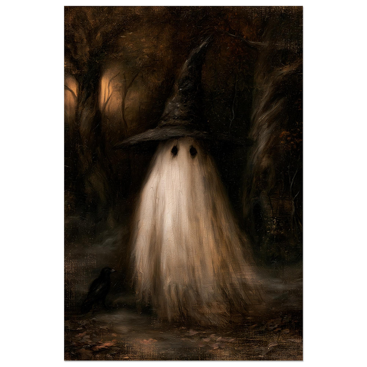 Sheet ghost in a pointed witch hat drifting through dark woods beside a black raven