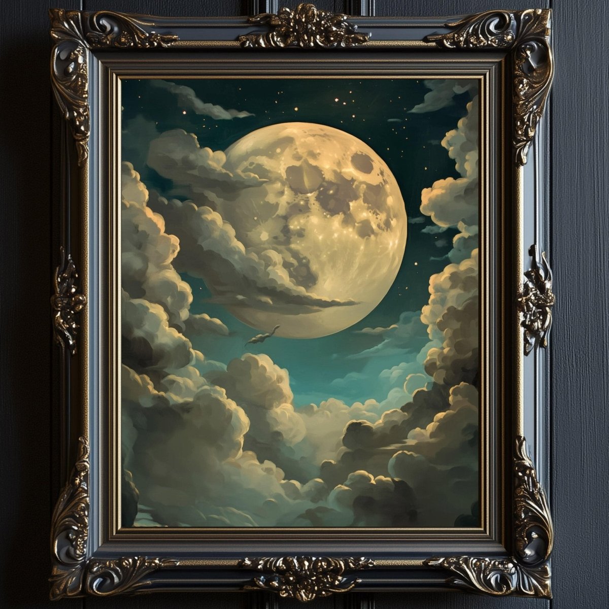 Soft moon with fluffy clouds and a small bat flying past