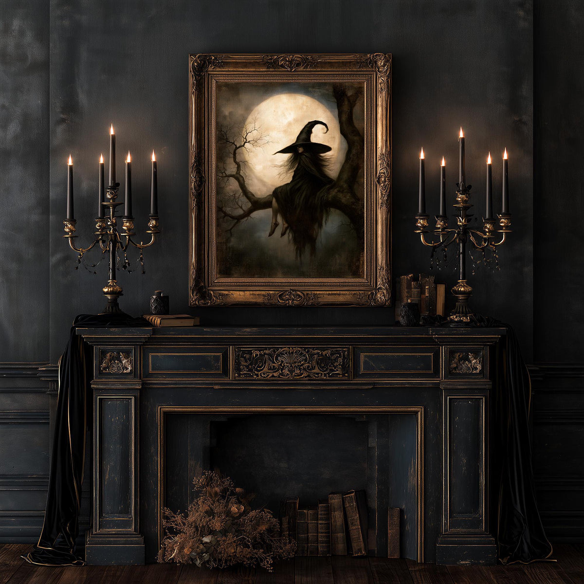 Gothic room with twin candelabra flanking the fireplace and the moonlit print