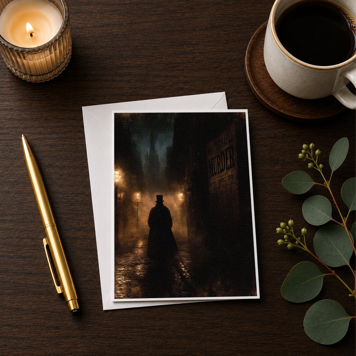 Jack the Ripper Halloween note card styled with a candle, pen, and coffee cup on a wooden desk