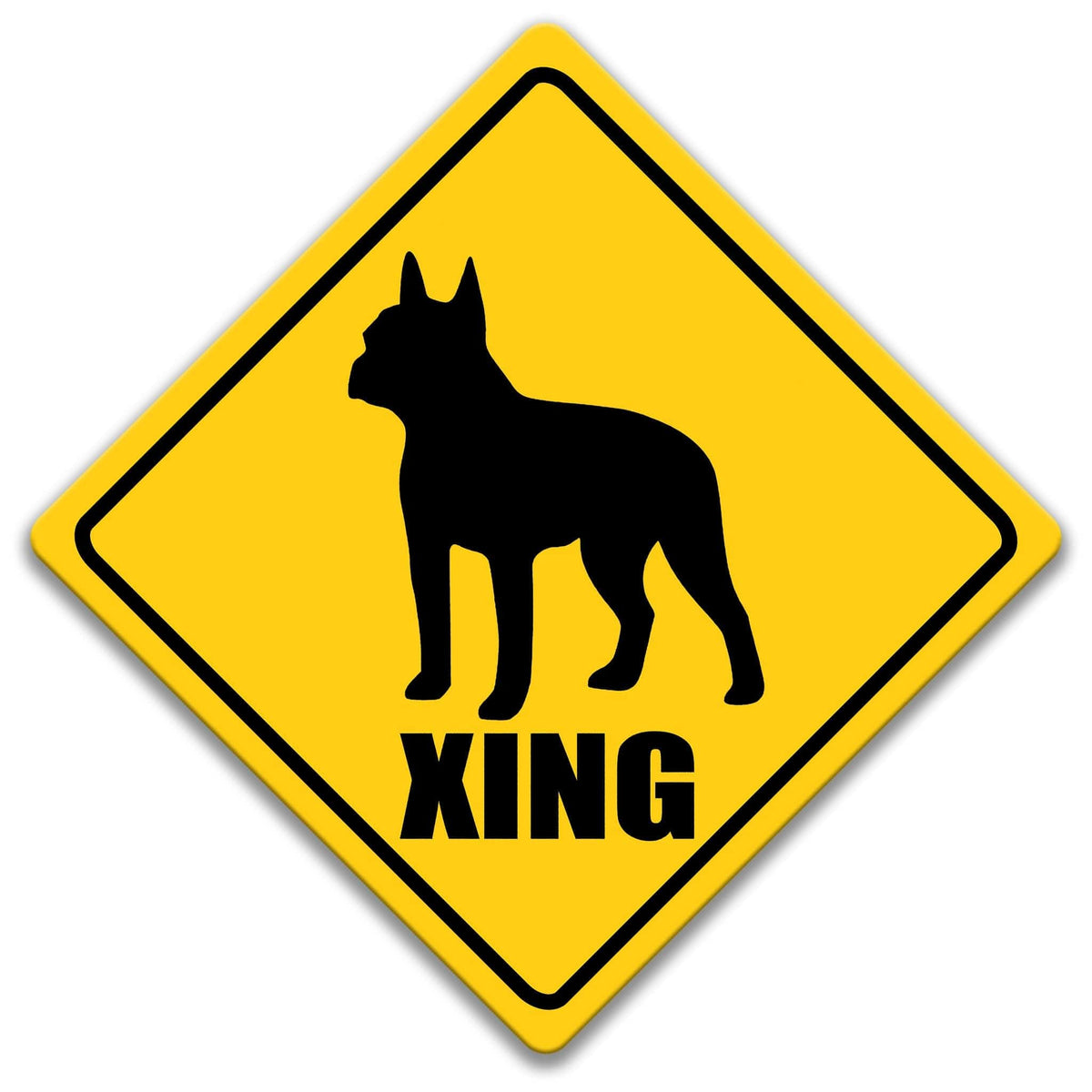 A yellow diamond-shaped road sign with a silhouette of a dog and the word "XING" below it.