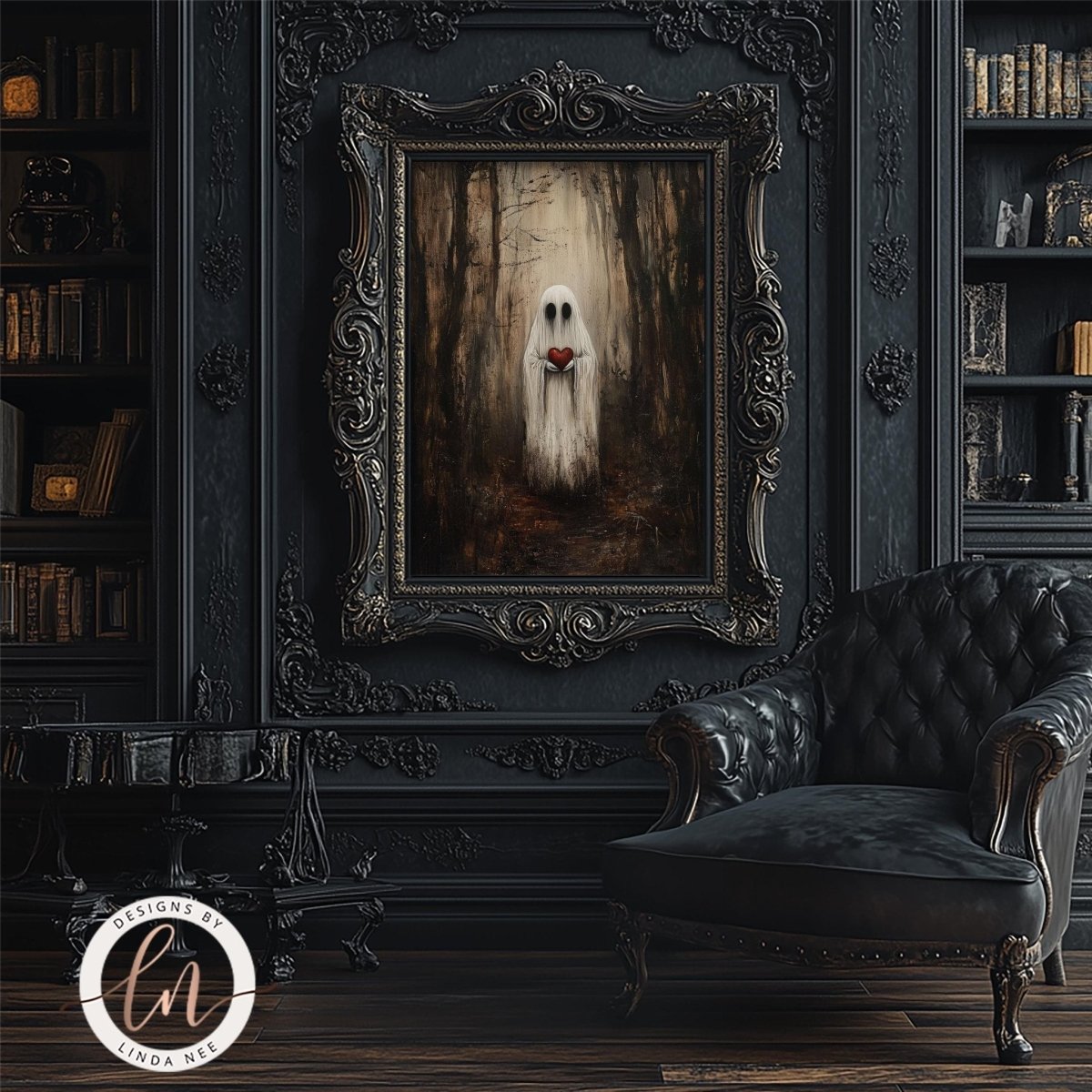 Ghost holding a heart print shown against a dark background