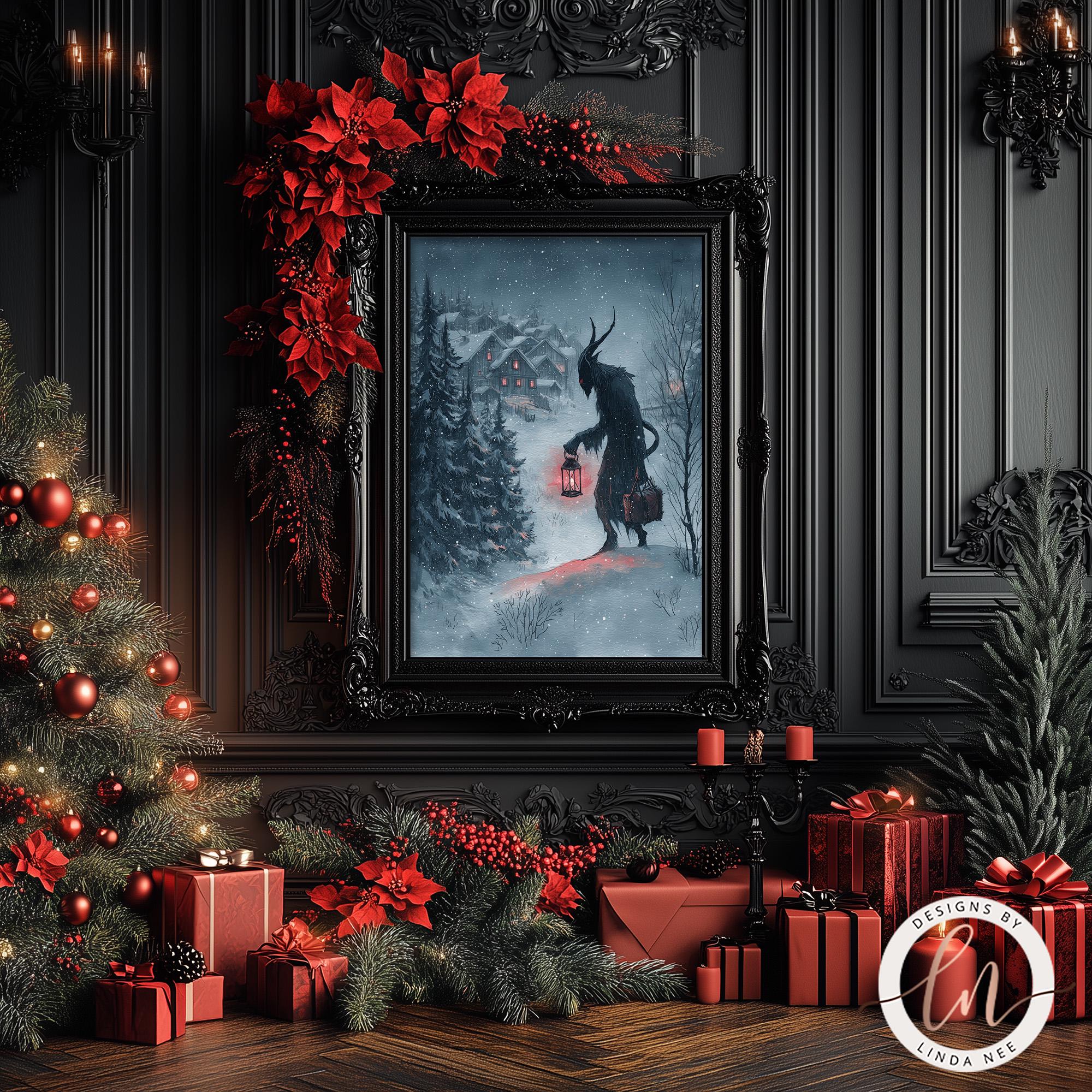 a dark, gothic-themed Christmas scene with a framed painting of a figure in a black outfit holding a lantern, surrounded by red poinsettias, red presents, and a Christmas tree.