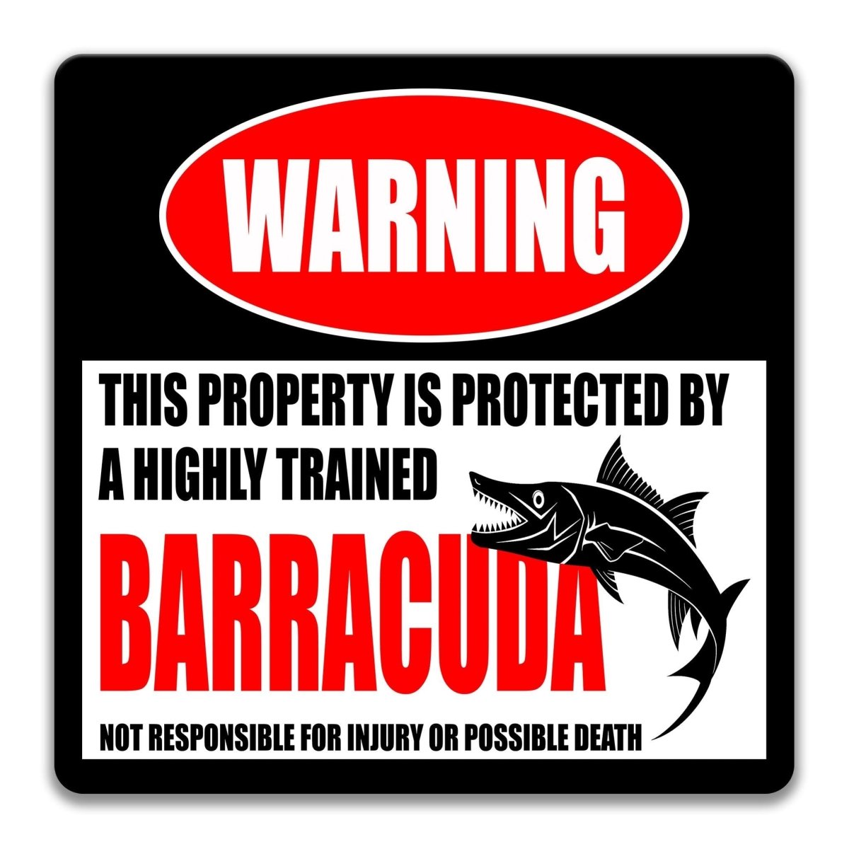 Barracuda warning sign, red WARNING banner and large barracuda silhouette, funny Barracuda lover gift, aluminum with rounded corners