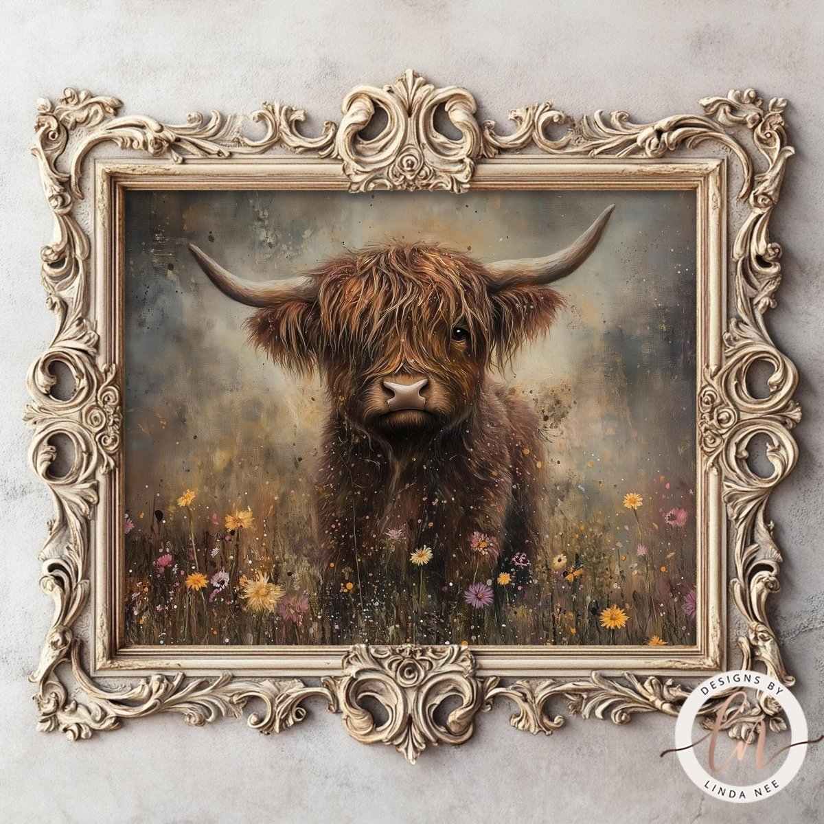 a painting of a highland cow, standing in a field with flowers. The painting is framed in an ornate, decorative wooden frame.