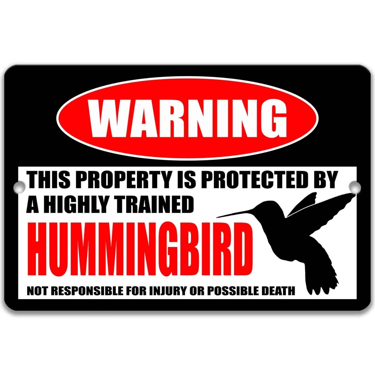 Hummingbird warning metal sign, glossy black, red WARNING oval and hovering hummingbird silhouette