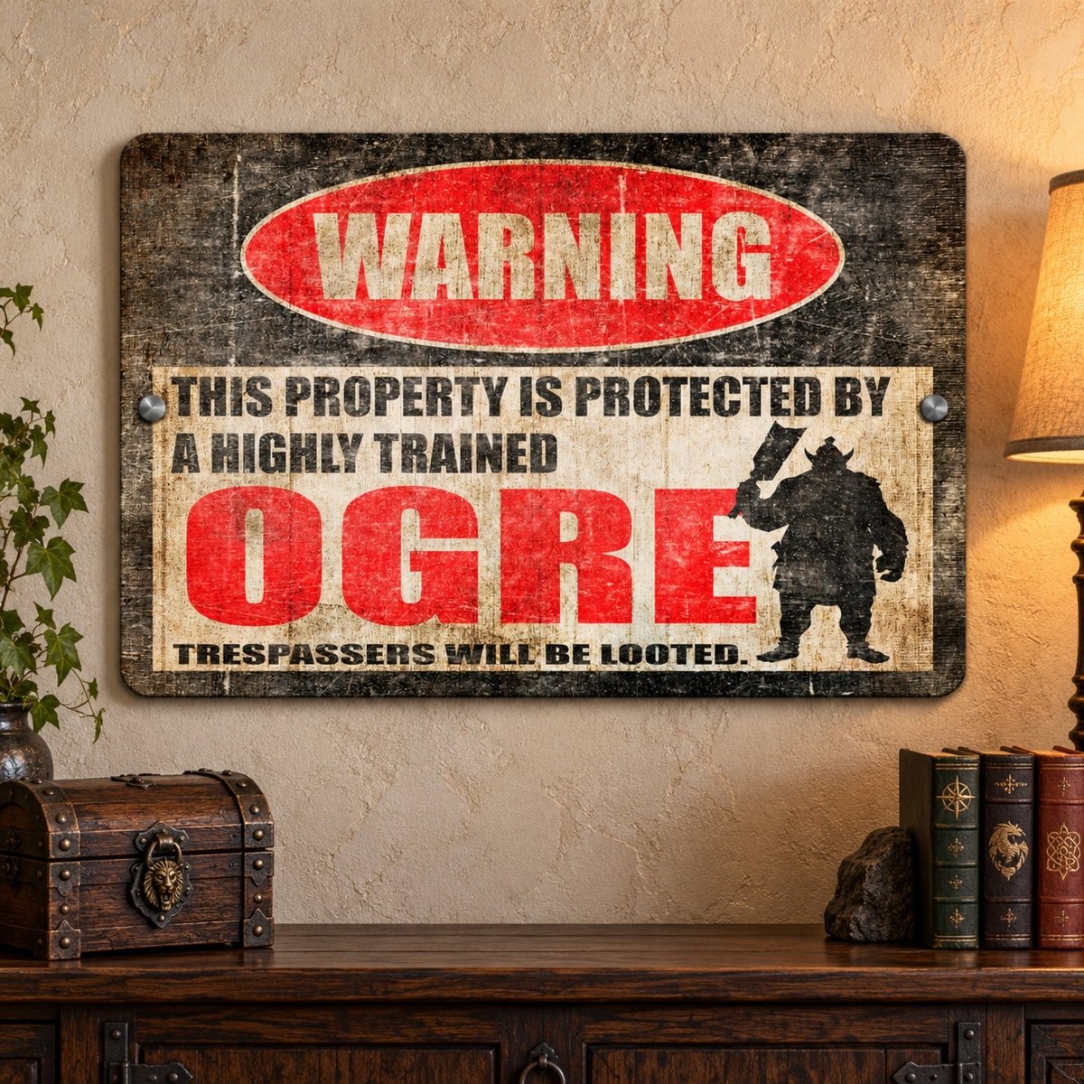 a vintage-style warning sign that reads "This property is protected by a highly trained OGRE Trespassers will be locked."