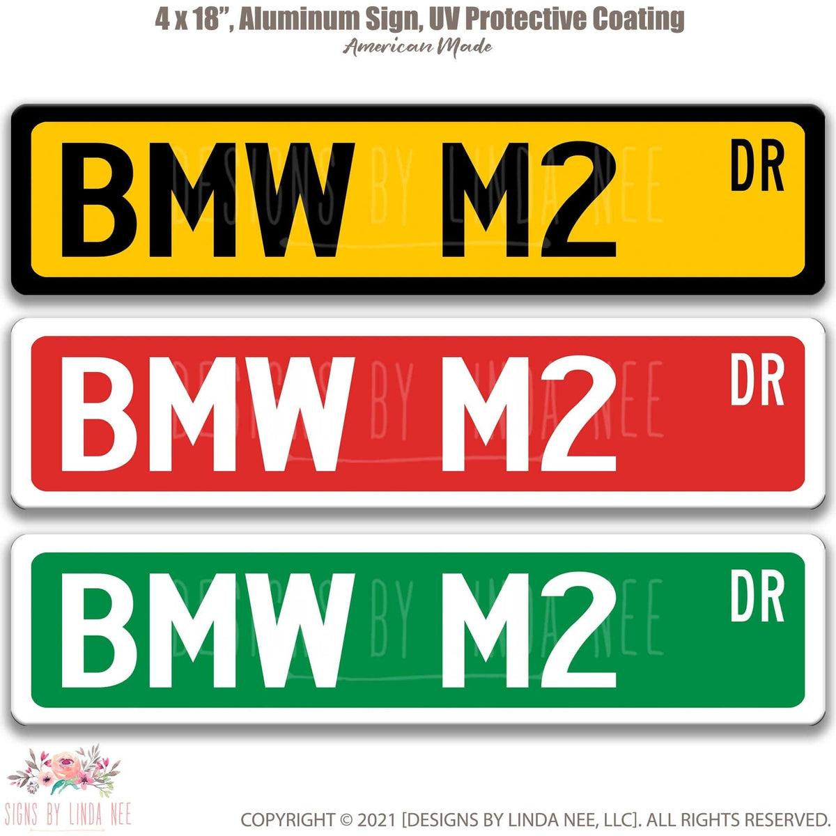BMW M2 DR street name sign shown in three aluminum color options