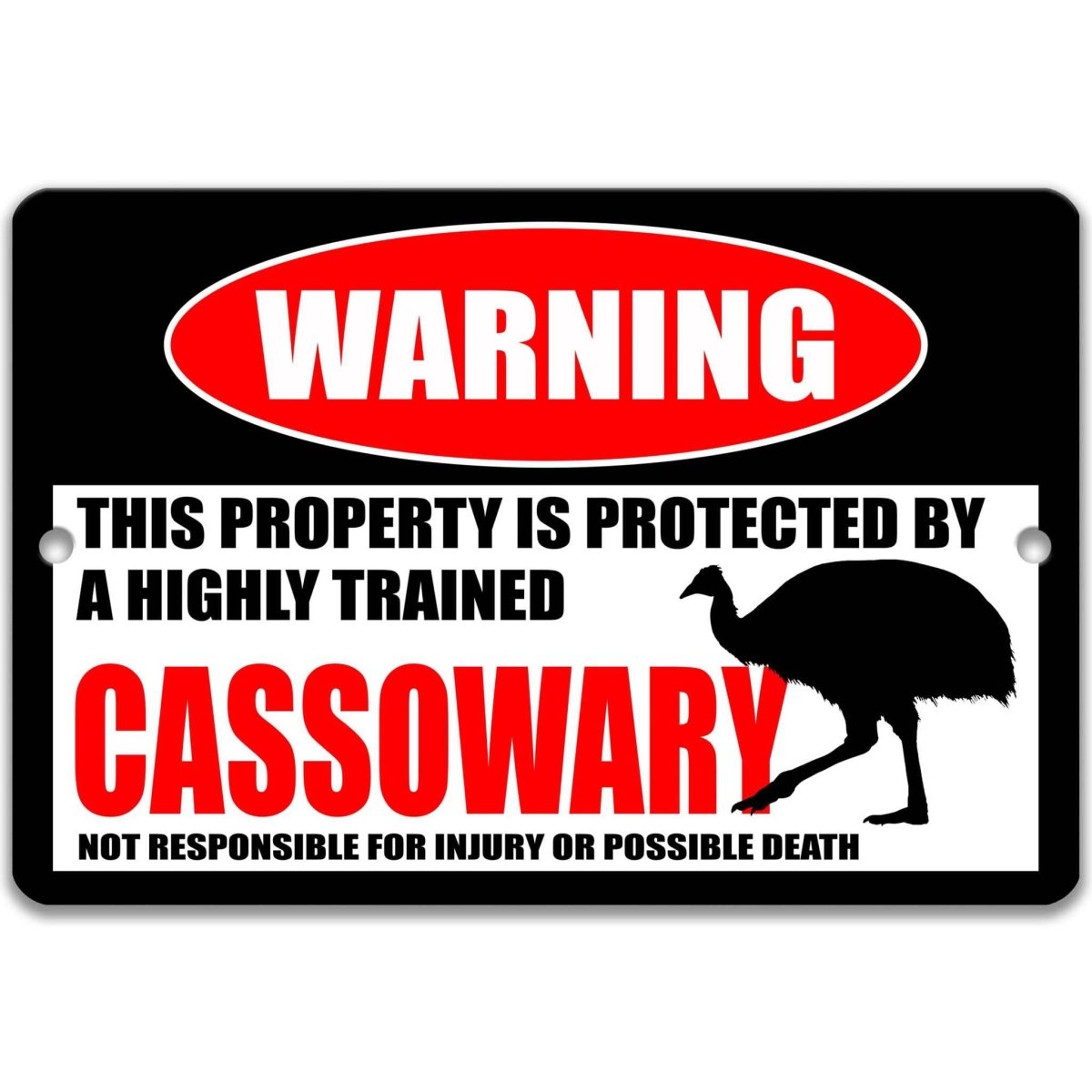 Cassowary warning metal sign, glossy black, red WARNING oval and large flightless cassowary silhouette
