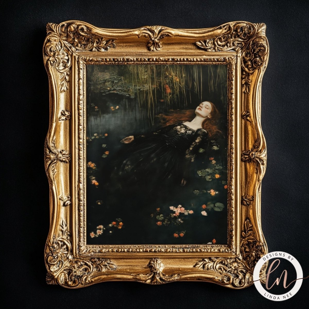 Drowning of Ophelia art print displayed in an ornate black frame