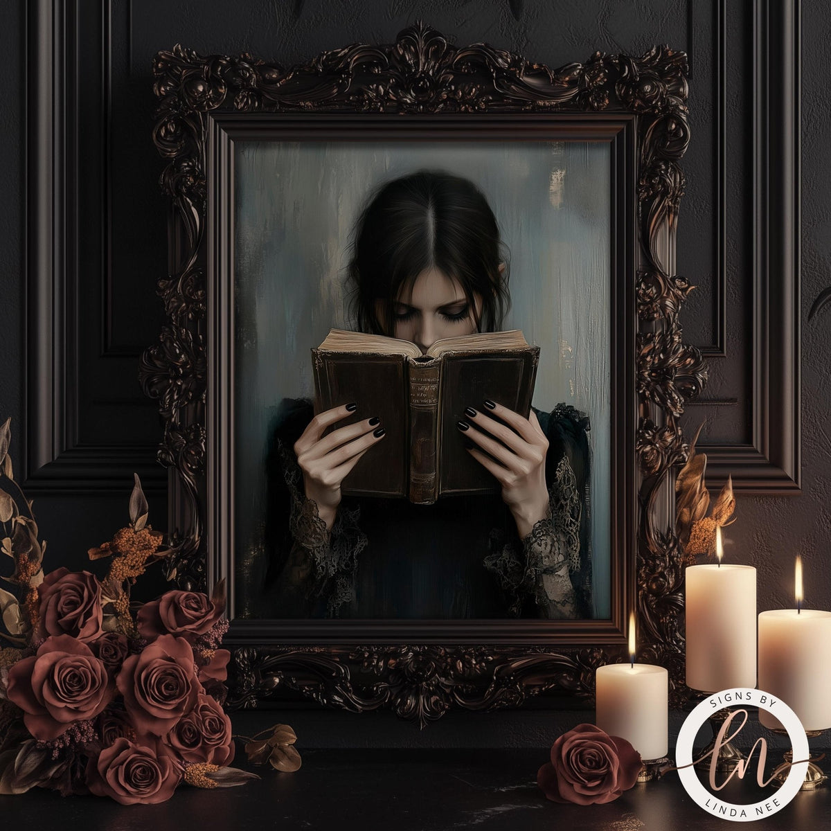 A woman is reading a book in a dark, ornate room with a large, ornate mirror on the wall.