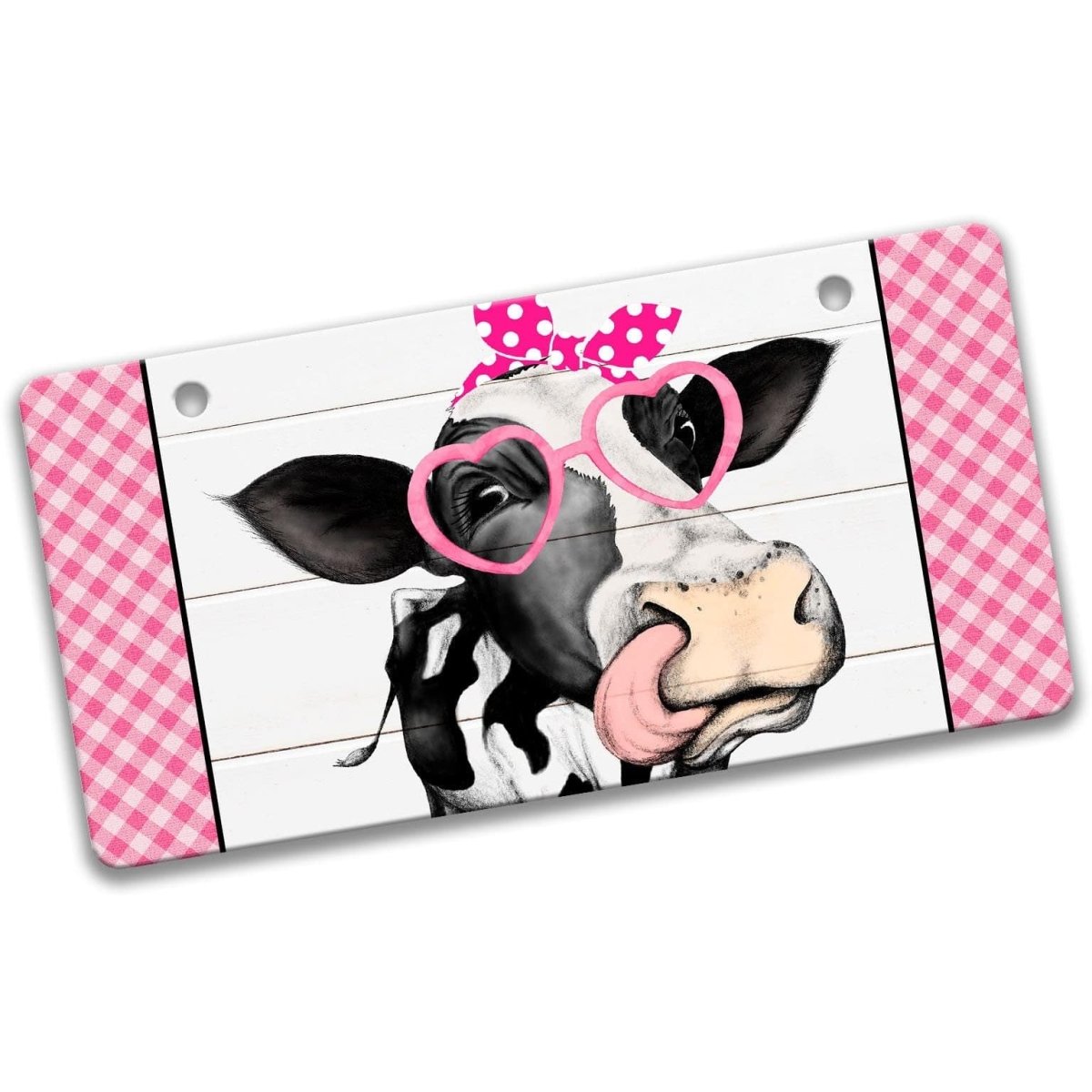 Pink Heifer 6x12 metal wreath sign with a cow in pink heart glasses and bow