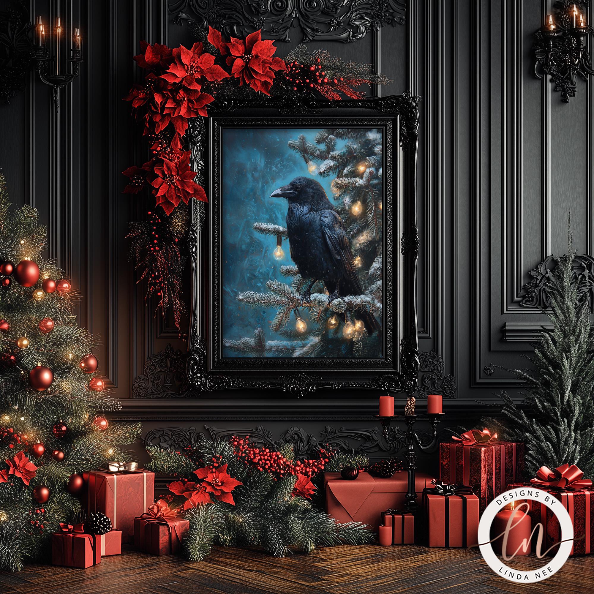 a black bird perched on a branch, surrounded by a festive Christmas scene with red poinsettias, a decorated Christmas tree, and wrapped gifts.