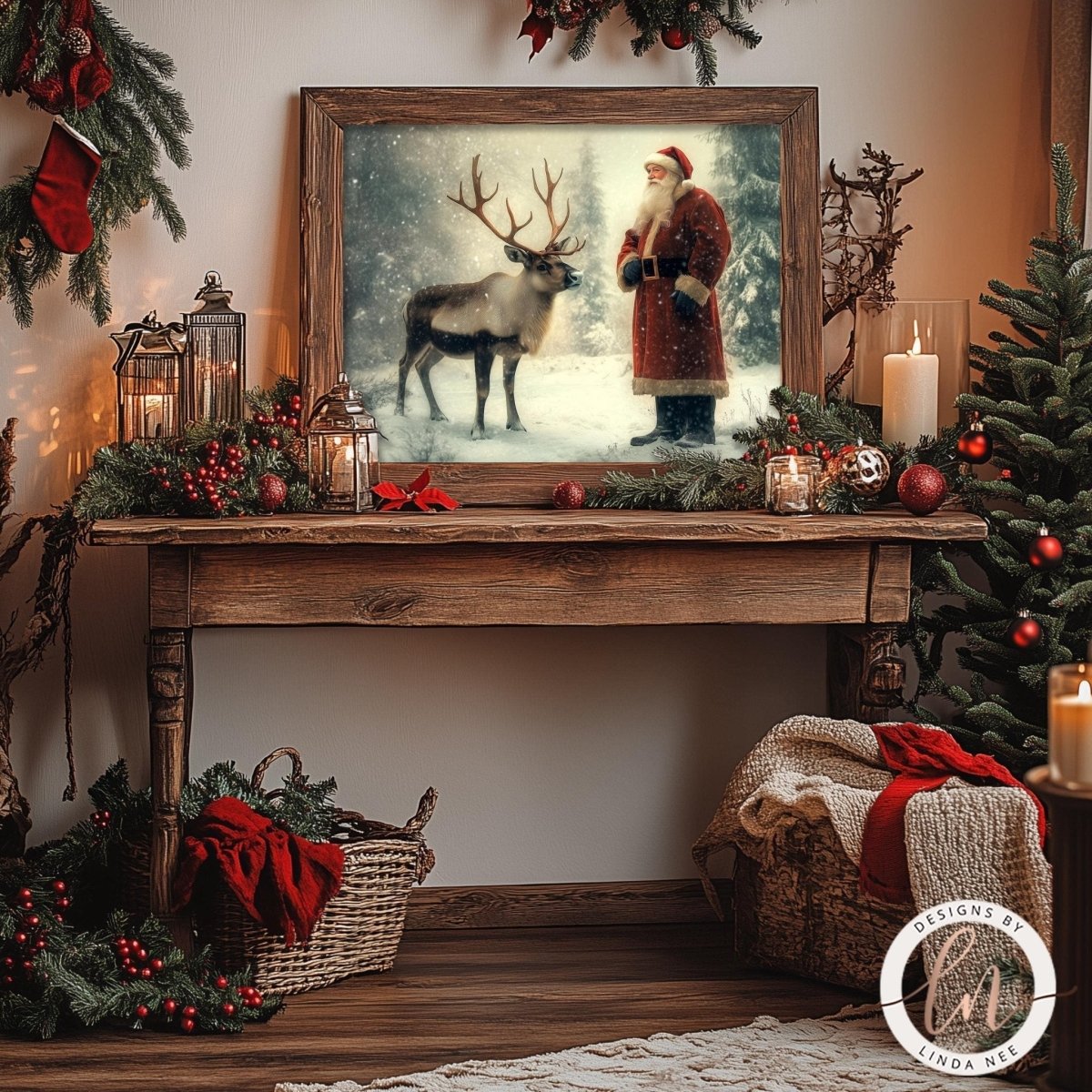 Vintage Santa and reindeer print displayed with stockings, a wreath and a lit tree