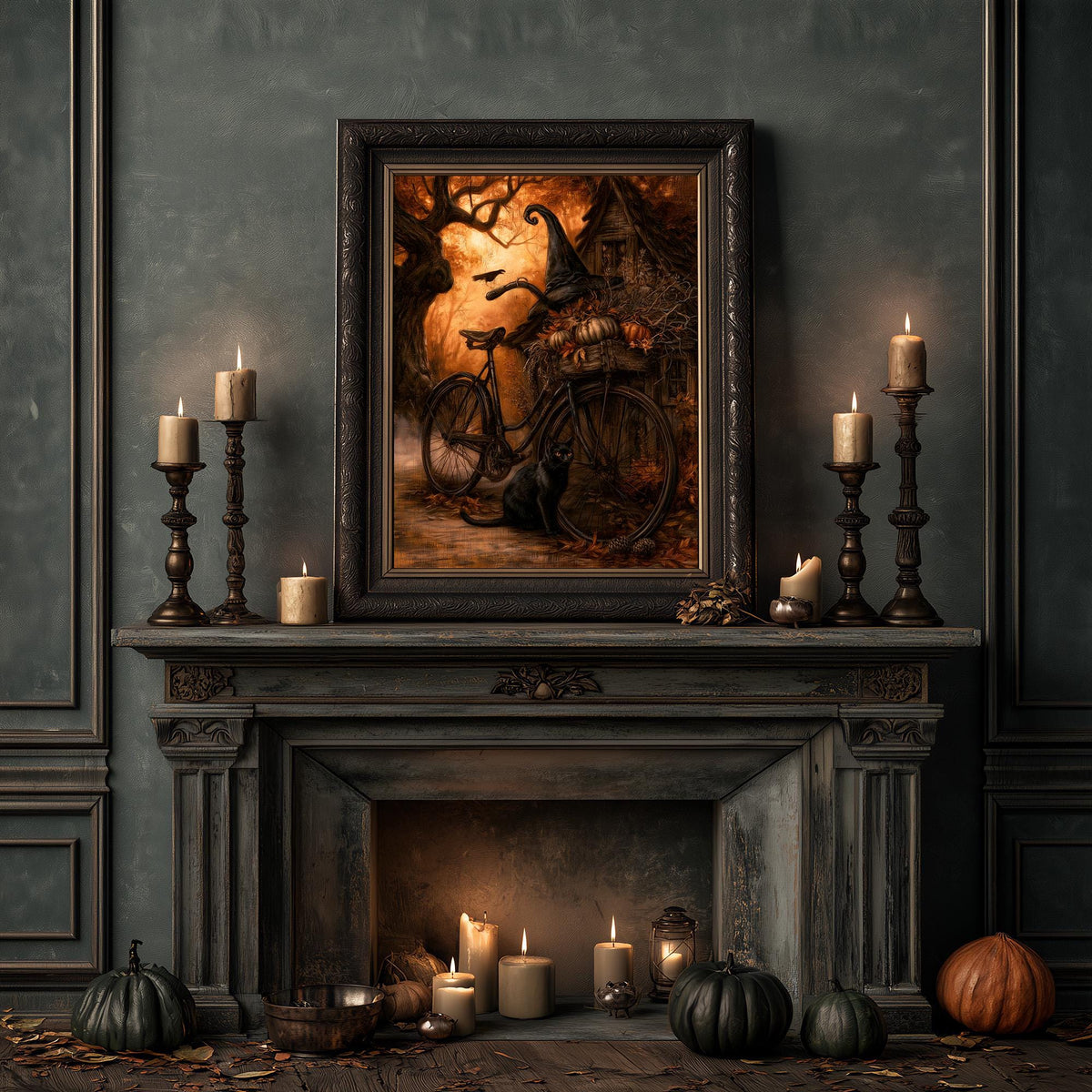 Cozy mantel with candles, pumpkins, and the witch's bicycle Halloween print