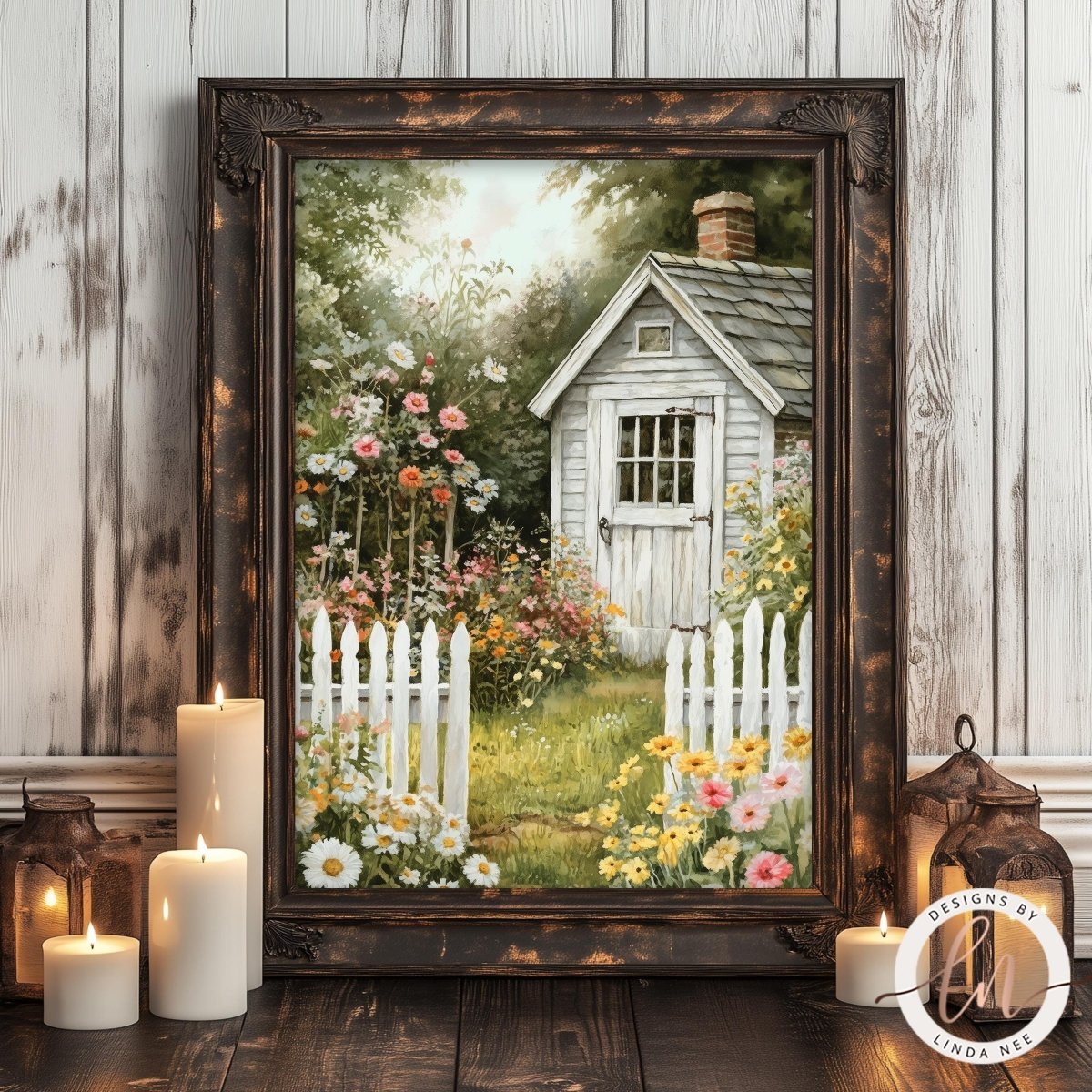 White cottage with picket fence and lush garden flowers