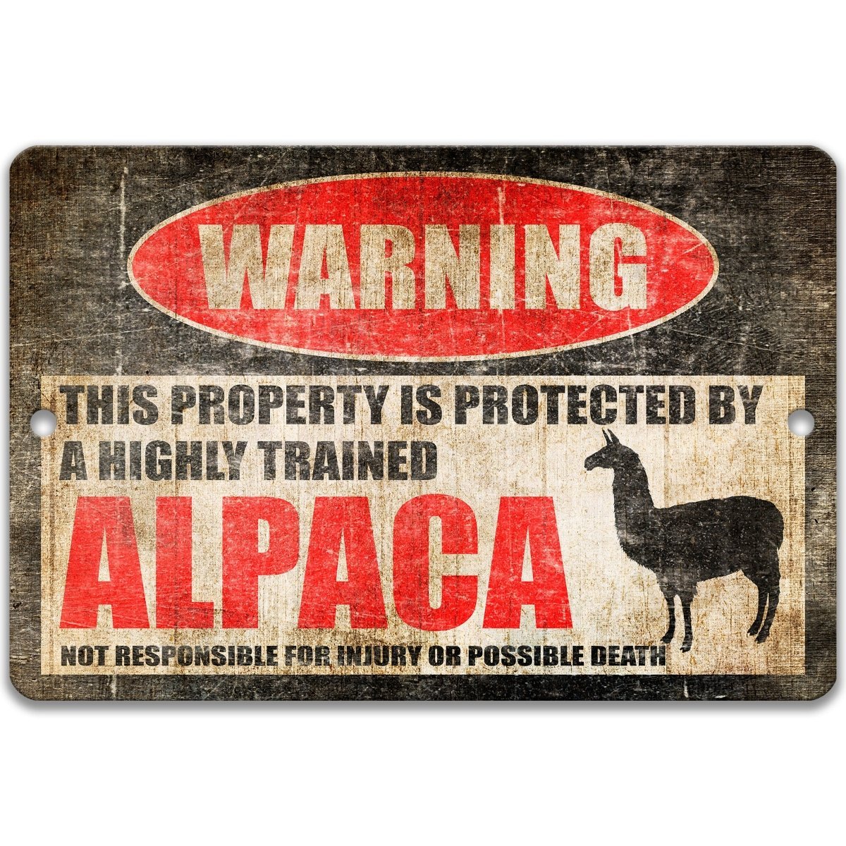 Alpaca warning metal sign, alpaca silhouette beside bold red WARNING lettering, 'not responsible for injury or possible death'