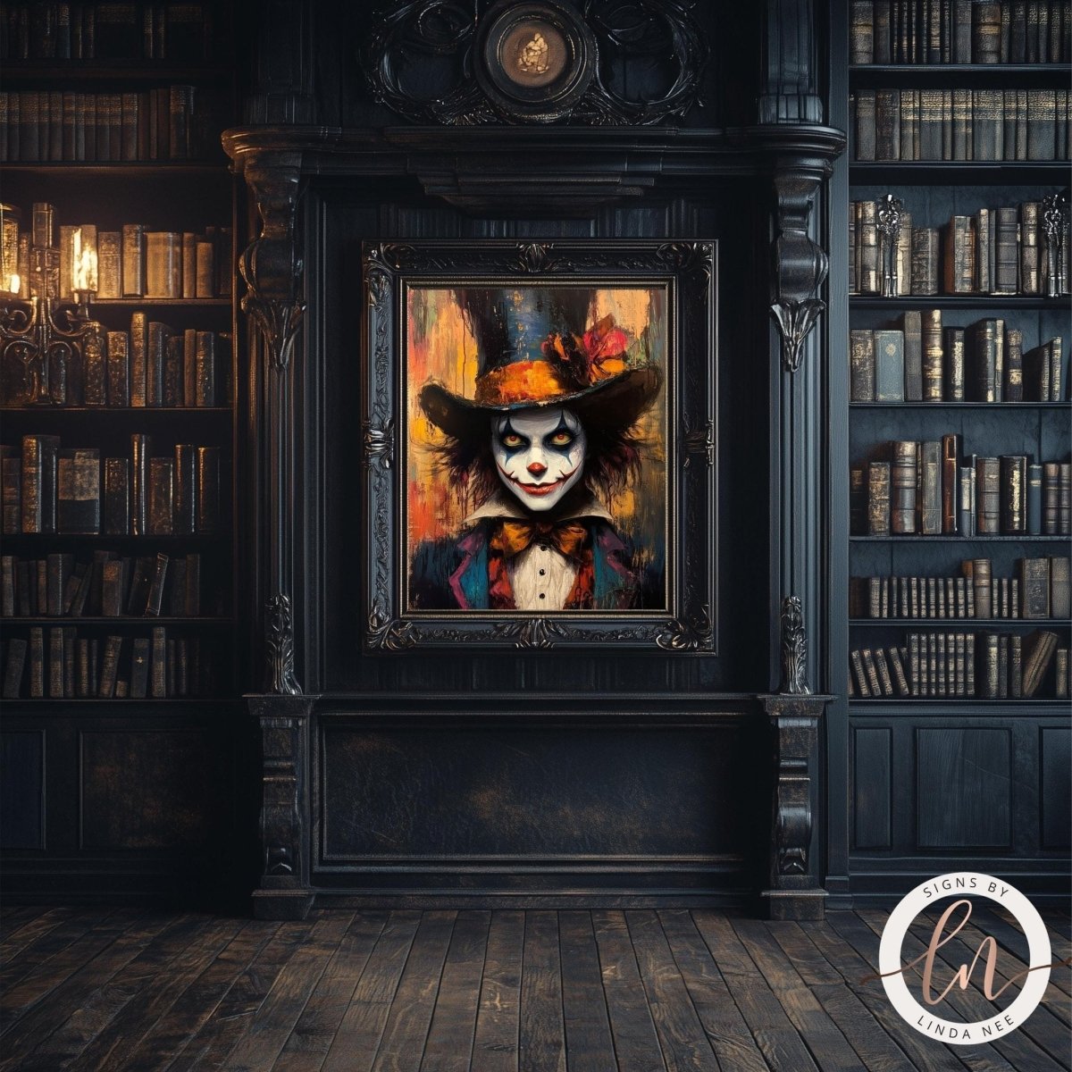 a clown painted on a wall, surrounded by a dark, ornate room with bookshelves and a chandelier.