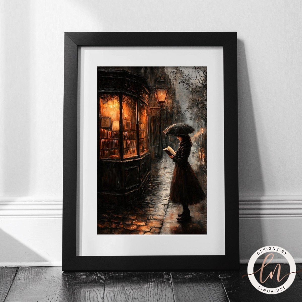 Woman reading in the rain art print with warm bookshop lighting