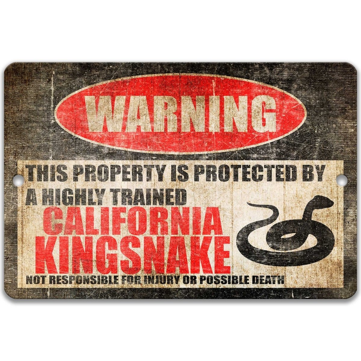 California Kingsnake warning sign, red WARNING oval, this property is protected by a highly trained California Kingsnake, with California kingsnake silhouette