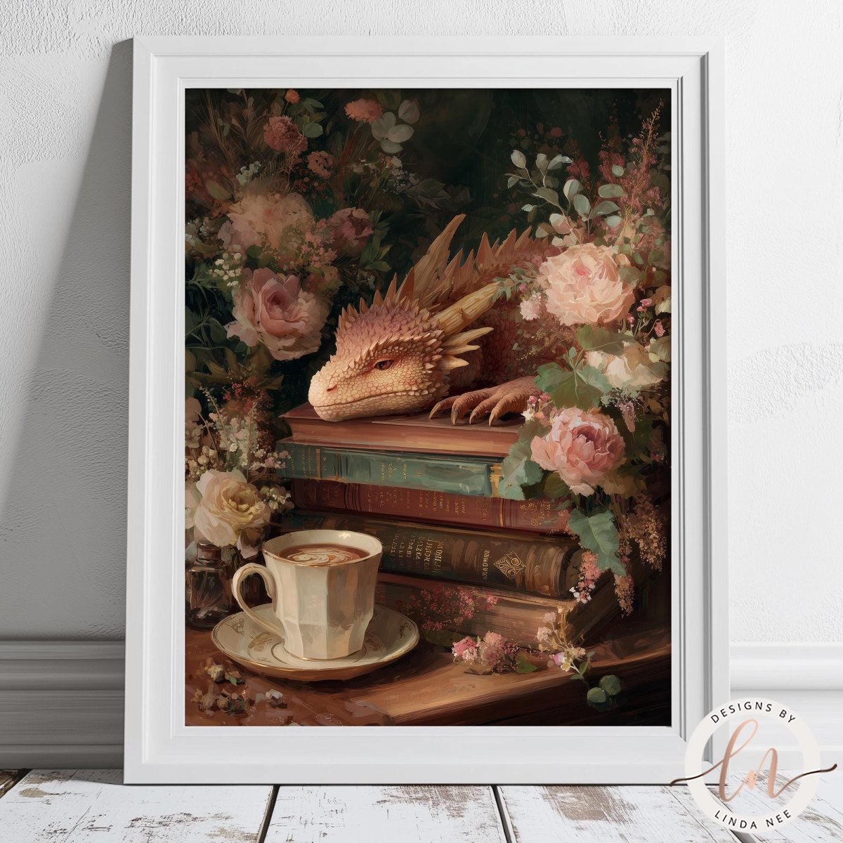 A framed painting depicting a dragon resting on a stack of books, surrounded by flowers and a cup of tea.
