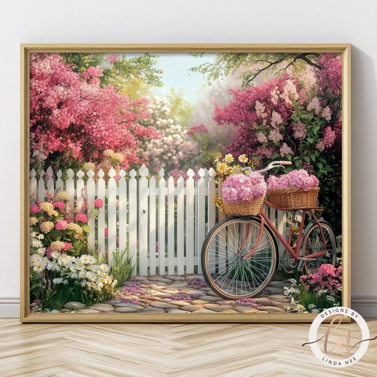 A charming scene featuring a white picket fence, a bicycle with a basket of flowers, and a lush garden filled with blooming pink and white flowers.