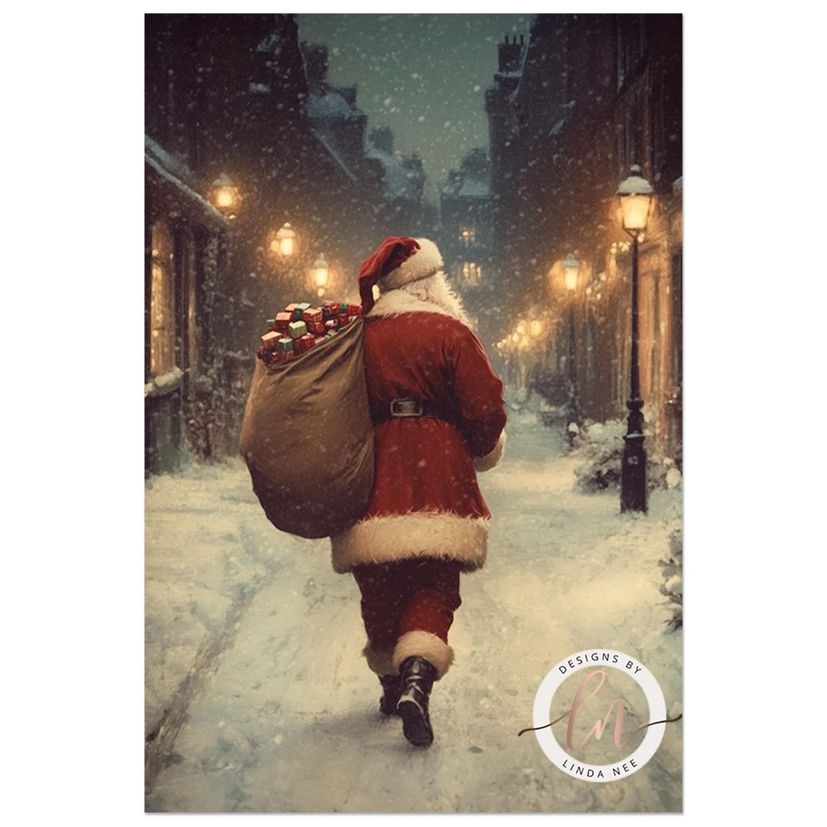 Silhouette of Santa carrying a sack past buildings and street lamps at night