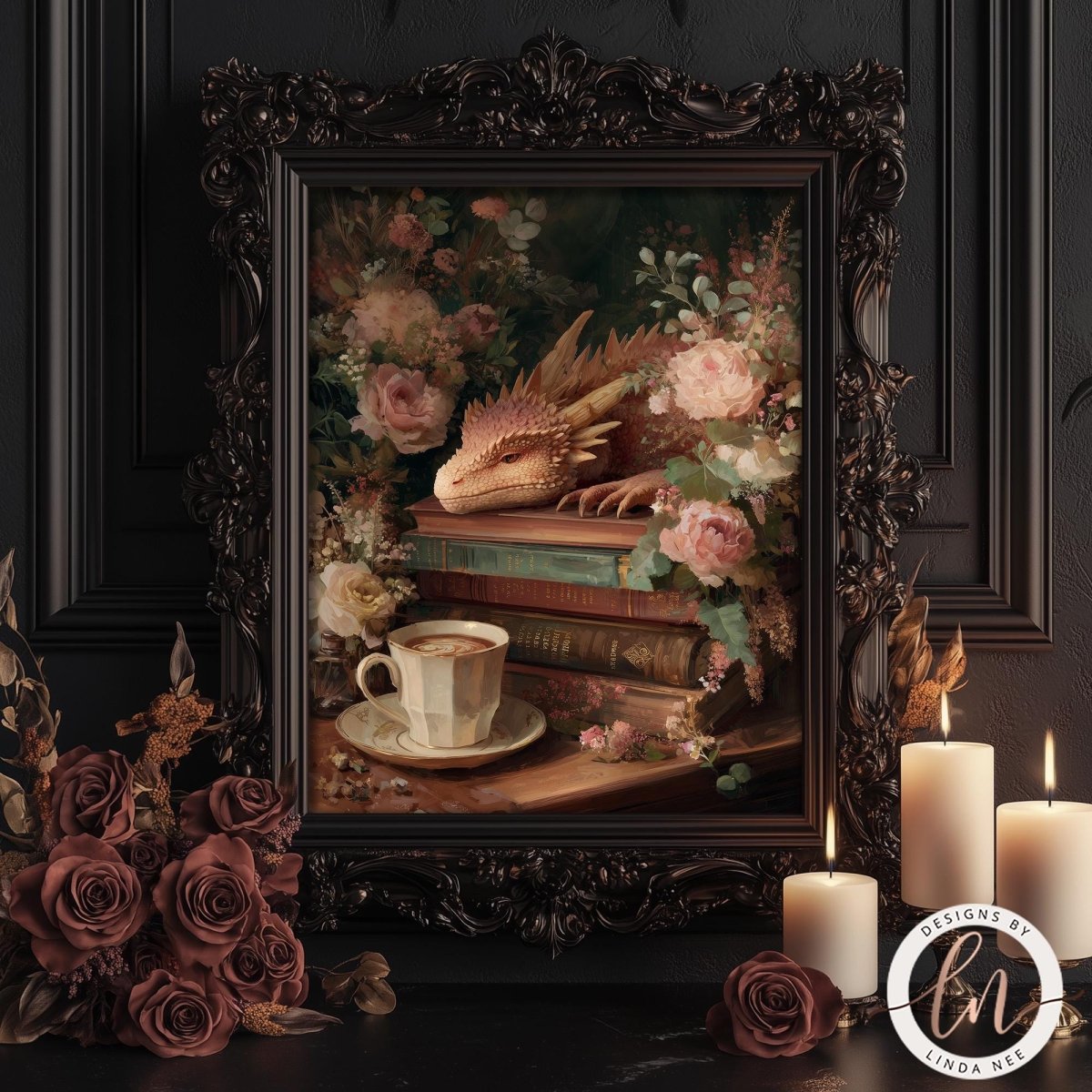a framed painting of a dragon resting on a stack of books, surrounded by flowers and candles.