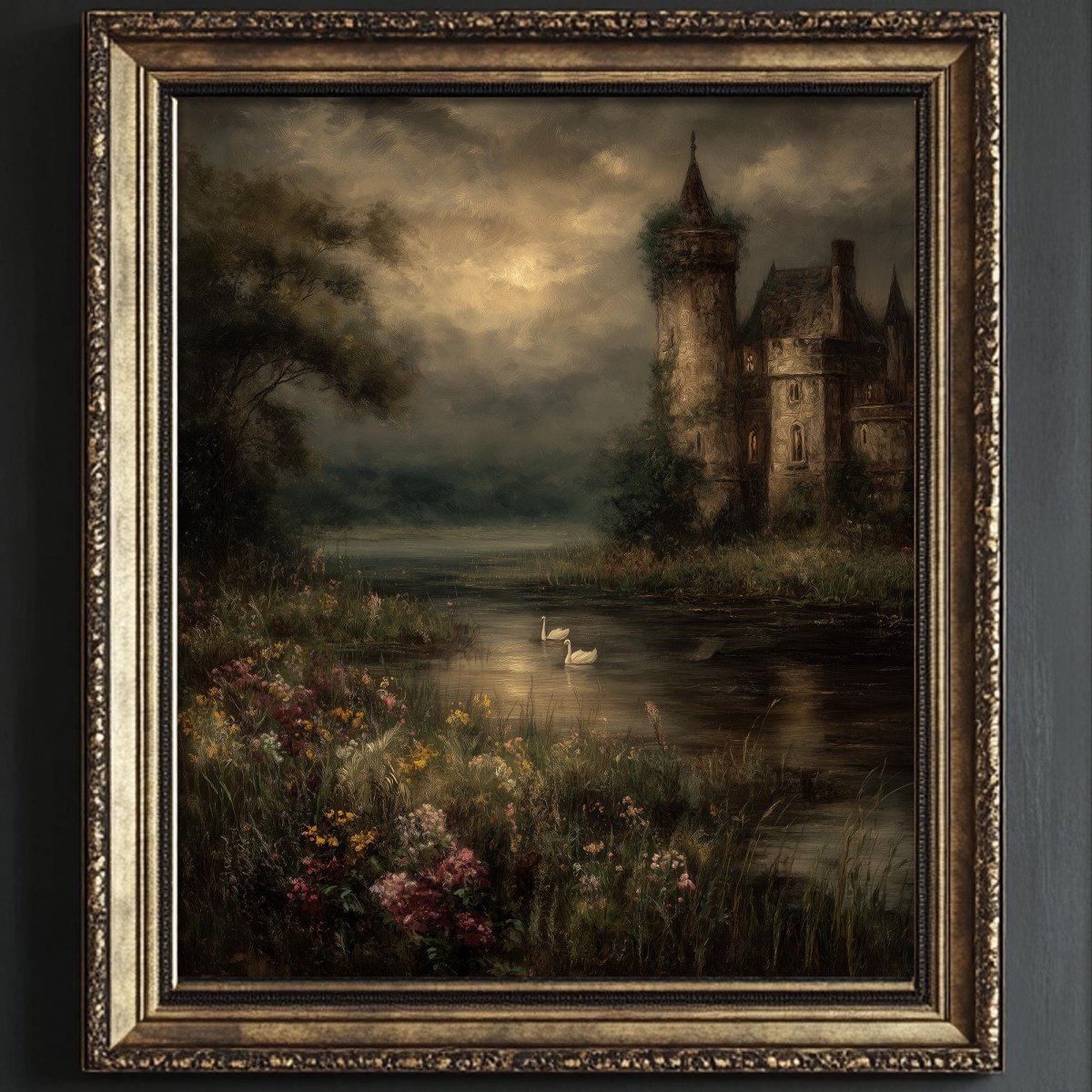 a serene landscape with a castle in the background, a body of water with swans, and a lush, colorful foreground filled with flowers.