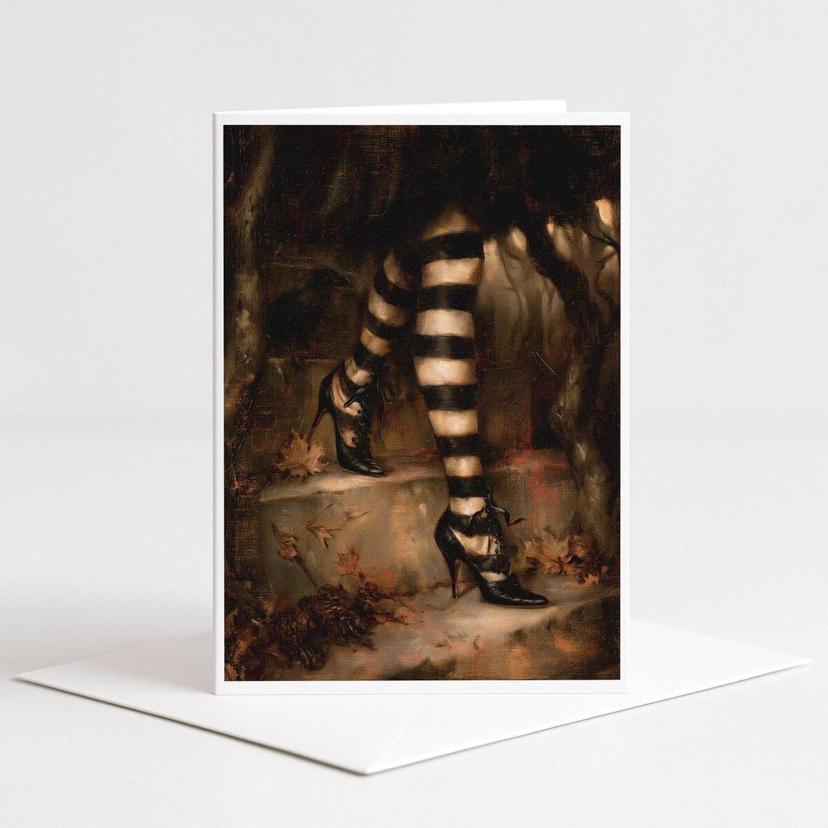 Striped witch stockings and black lace up heels in autumn leaves, 5x7 blank note card