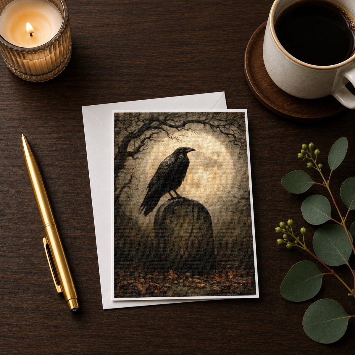 Raven on gravestone Halloween note card styled with a candle, pen, and coffee cup on a wooden desk