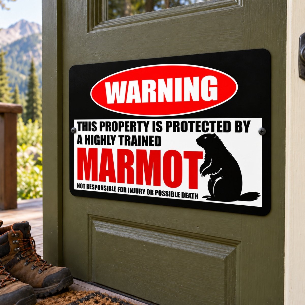 Marmot metal warning sign hanging on a door, warning visitors the property is guarded by a highly trained marmot