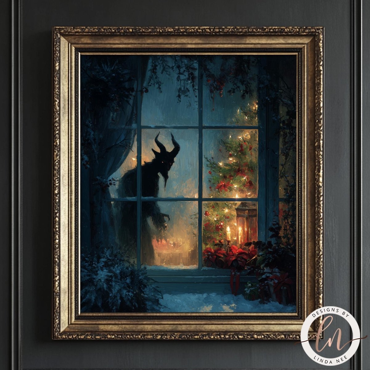 Krampus watching a lit Christmas tree through frosted glass, gothic Yule artwork
