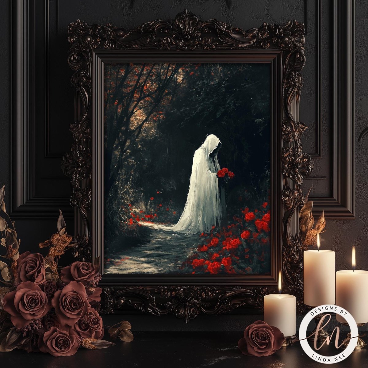 a dark, moody scene with a figure in a white hooded cloak standing amidst a field of red flowers. The figure is holding a bouquet of flowers, and the background is filled with trees and foliage. The image is framed in an ornate wooden frame and is displayed on a dark surface, with candles and red roses arranged around it.