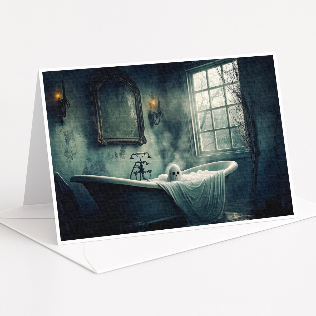 Ghost relaxing in a clawfoot bathtub by candlelight, 5x7 blank note card by Designs by Linda Nee