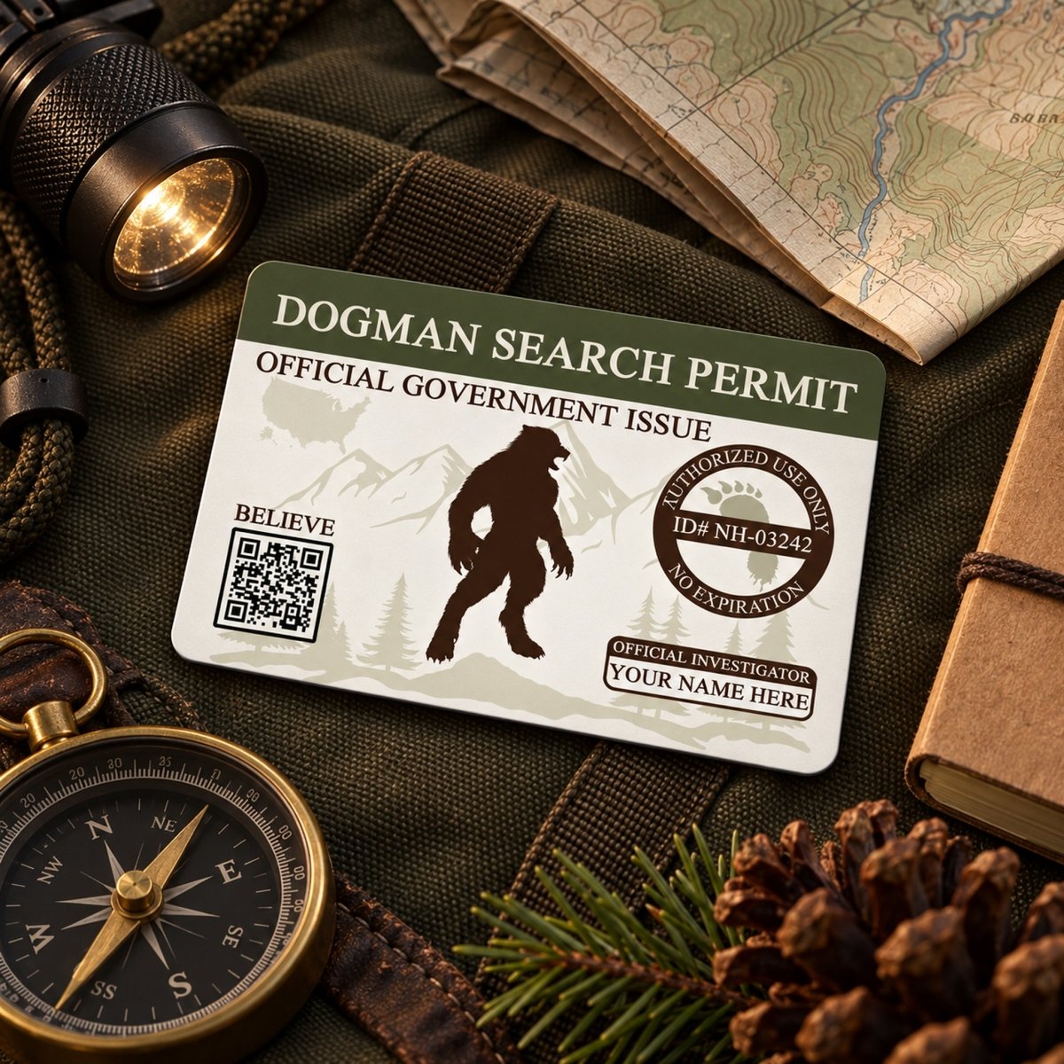 a "Dogman Search Permit" card with a bear silhouette, placed on top of a compass, a map, and some pine cones.