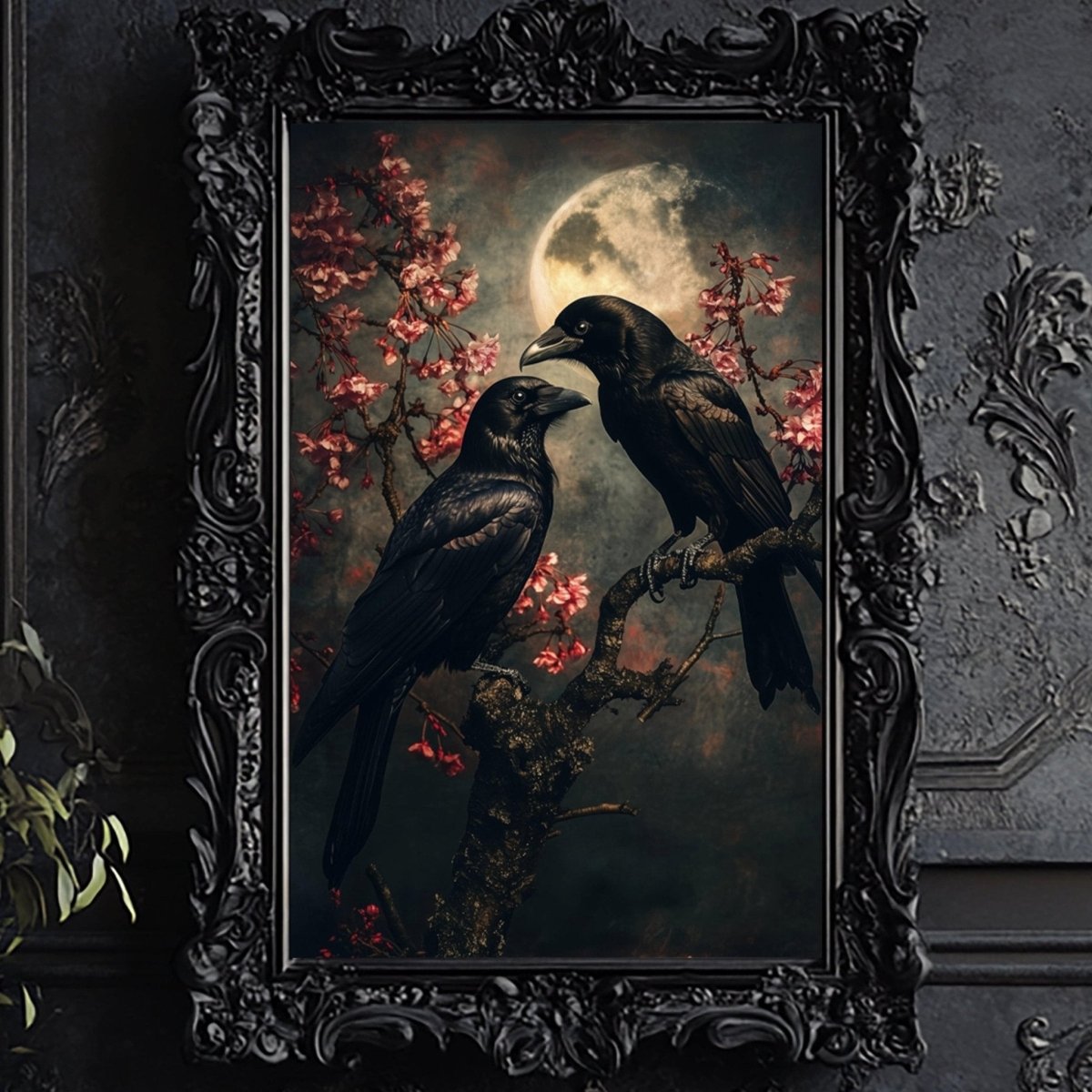 Two black ravens perched on a branch under a full moon with pink blossoms
