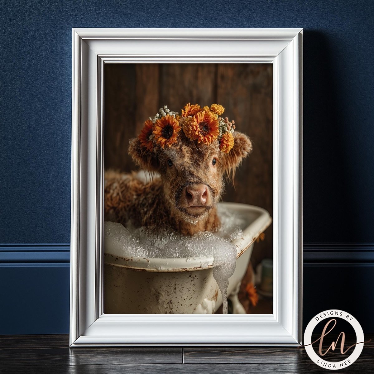 A cow wearing a flower crown is sitting in a white bathtub filled with bubbles, creating a whimsical and charming scene.