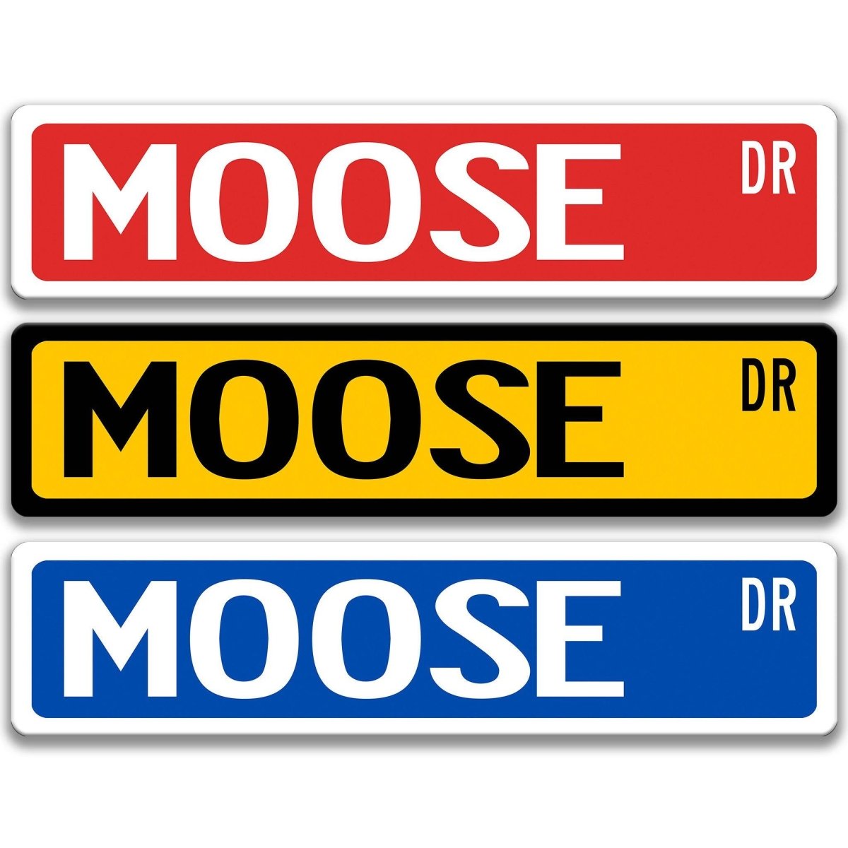 Moose metal street sign shown in red, yellow, and blue background colors