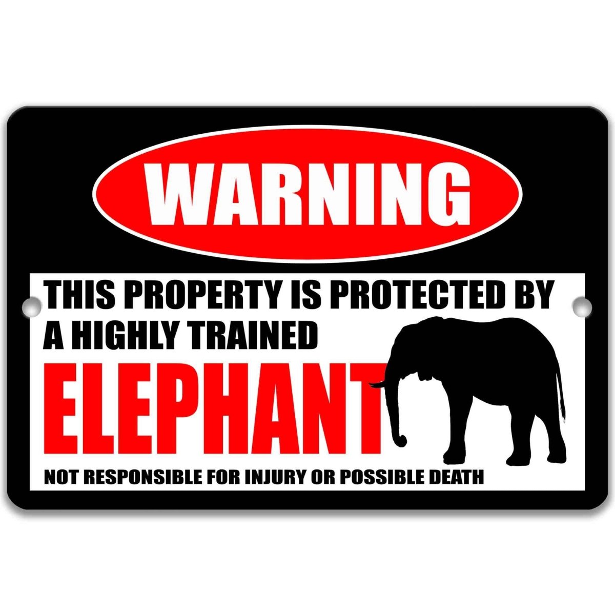 Elephant warning metal sign, glossy black, red WARNING oval and elephant silhouette