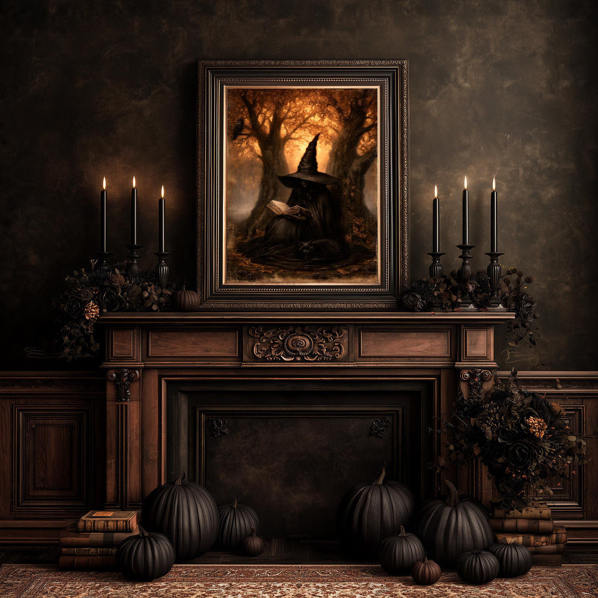 Halloween mantel with pumpkins and candles beneath the autumn witch artwork