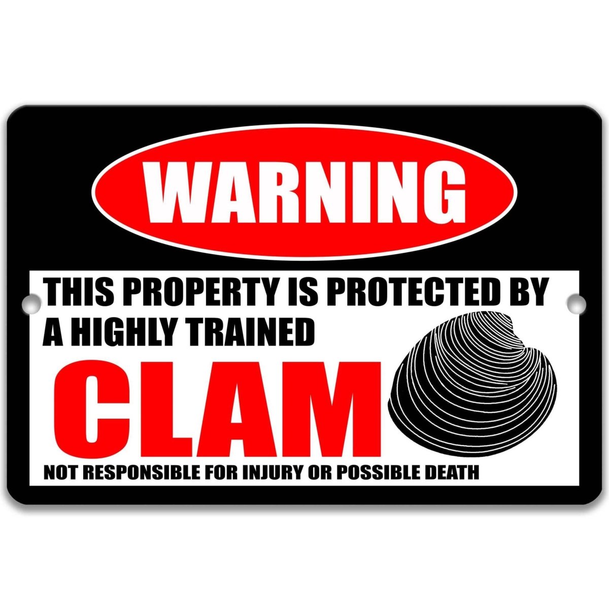 Clam warning metal sign, glossy black, red WARNING oval and ridged clam shell silhouette