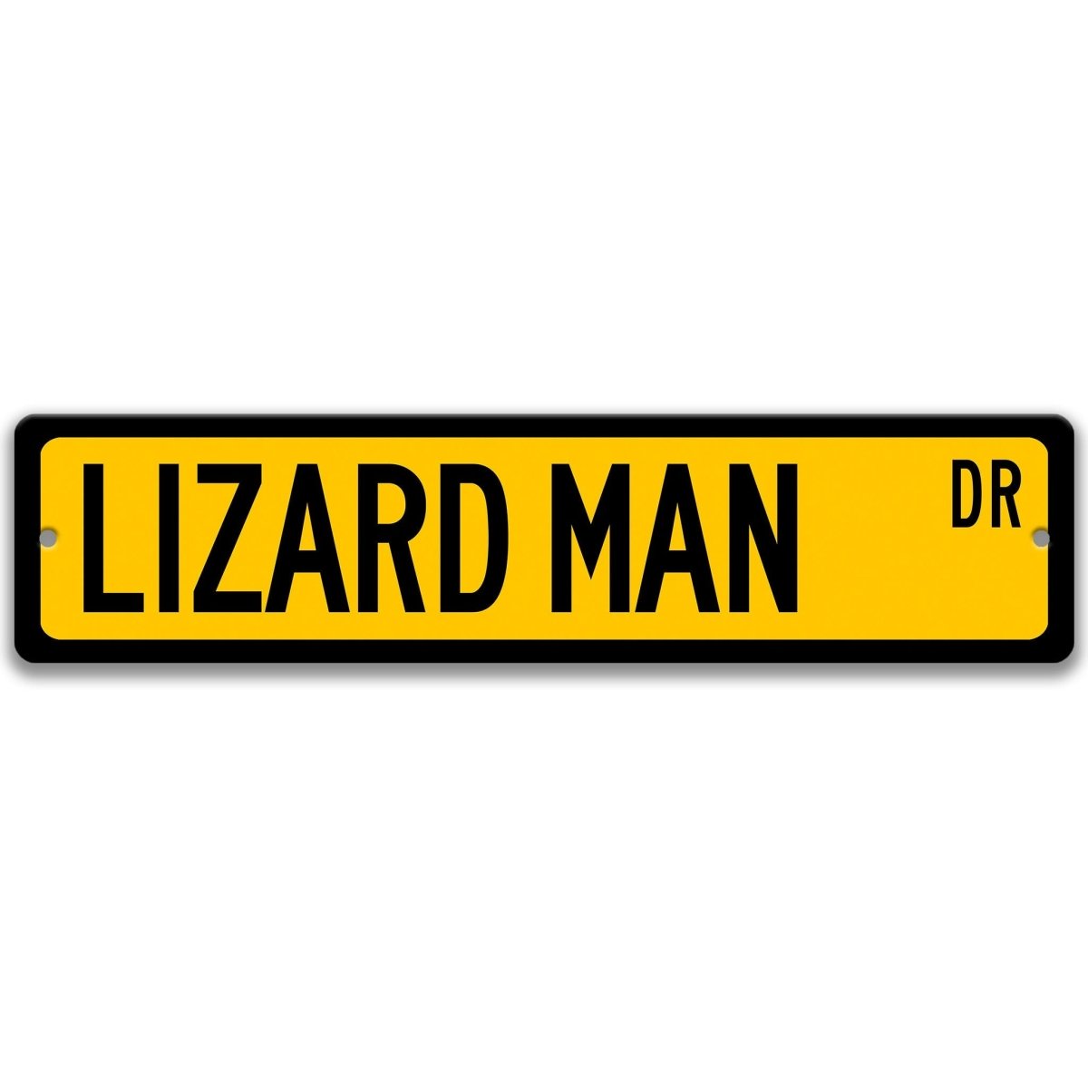 Lizard Man metal street sign with a yellow background reading LIZARD MAN DR