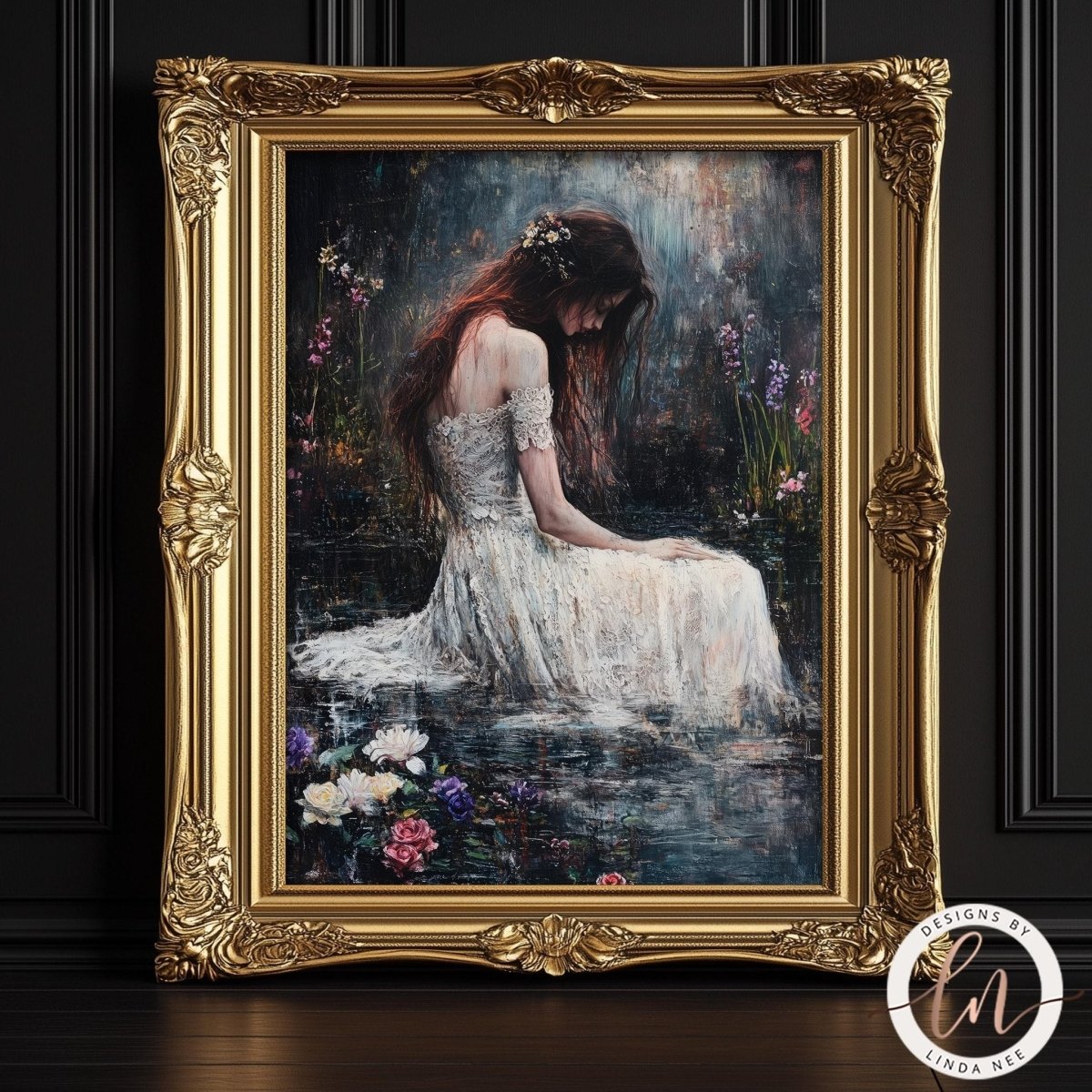 The image is a painting of a woman sitting in a pond surrounded by flowers.
