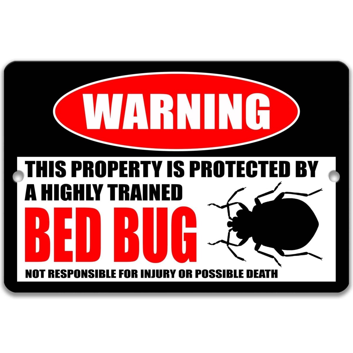 Bed bug warning metal sign, glossy black, red WARNING oval and flat oval bed bug silhouette