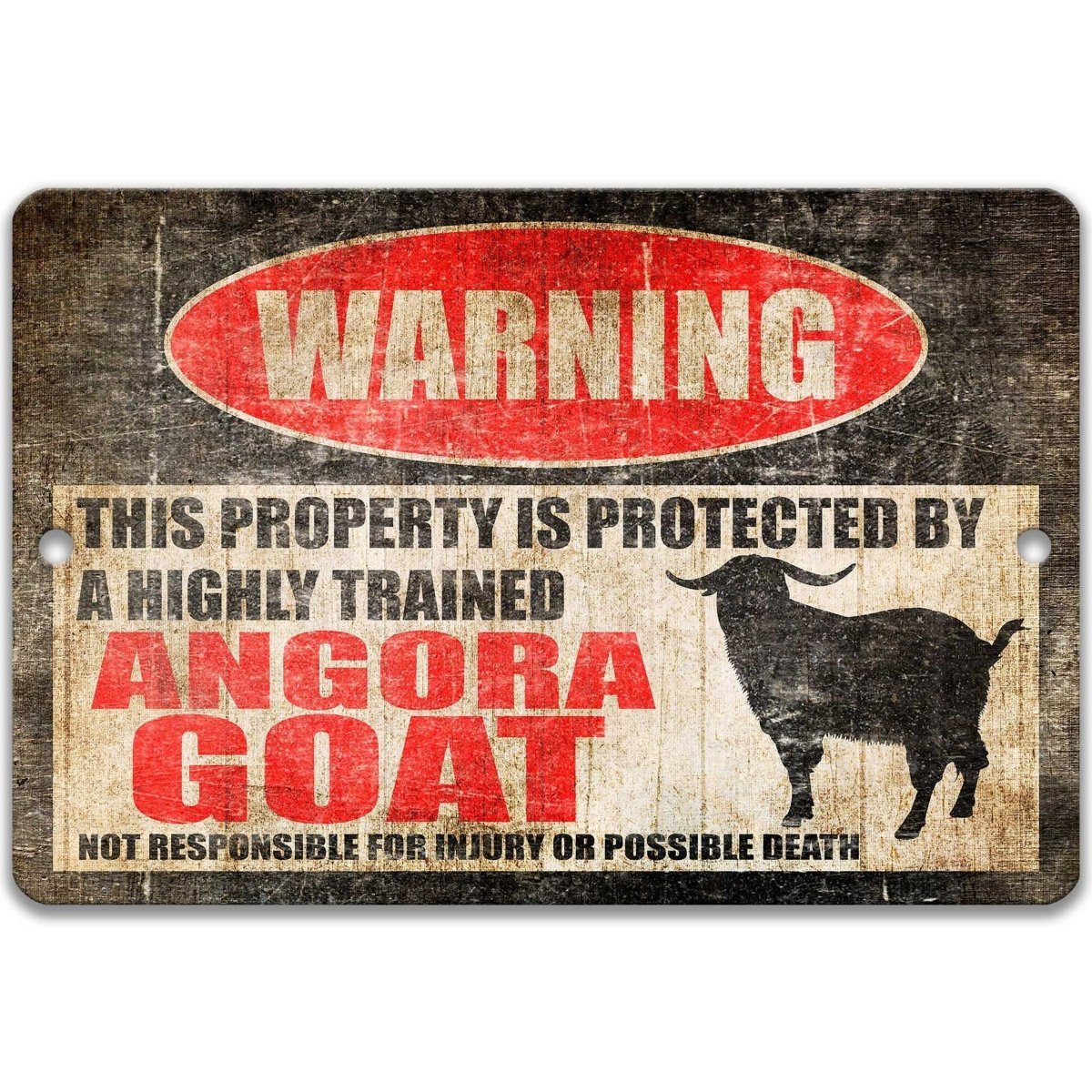 Angora Goat warning sign, red WARNING oval, this property is protected by a highly trained Angora Goat, with Angora goat silhouette