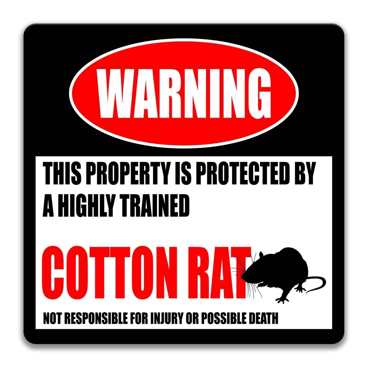 Square cotton rat warning metal sign, black background with red WARNING banner and rodent silhouette