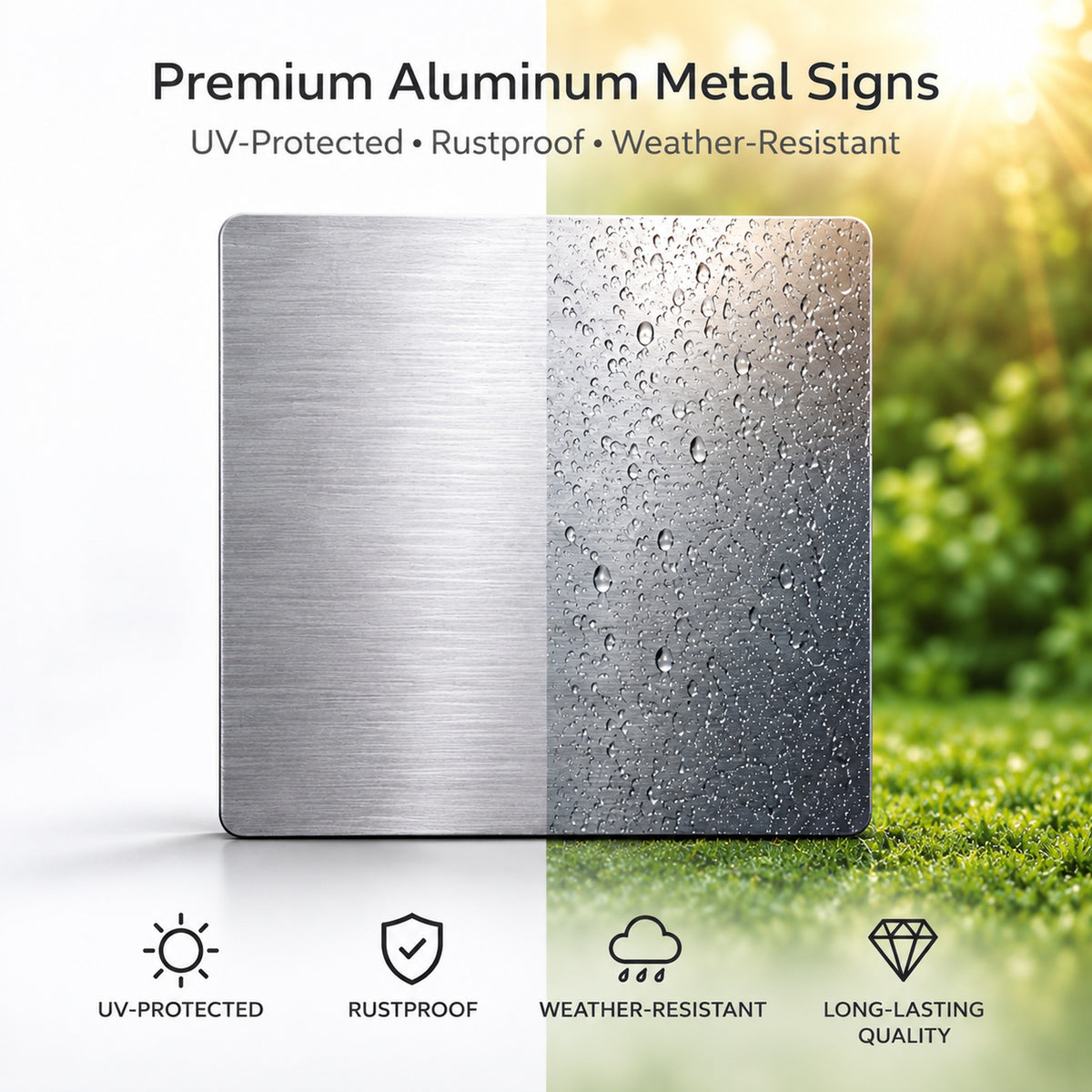 a square piece of premium aluminum metal with a textured surface, showcasing its UV-protected, rustproof, and weather-resistant properties.
